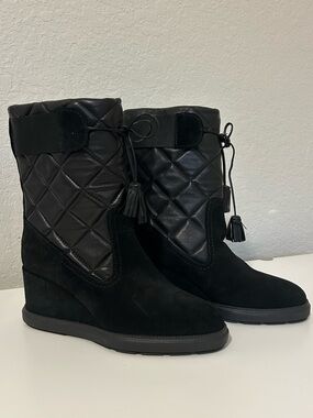 Aquatalia Black Quilted Wedge Ankle Boots with Tassel Tie